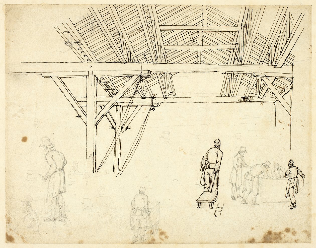 Étude rejetée, peut-être pour une illustration de la Douane, de Microcosm of London (recto); Croquis de travailleurs avec des barils (verso) - Augustus Charles Pugin