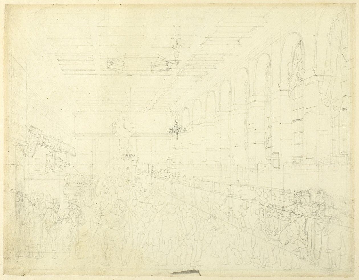 Étude pour The Long Room, Custom House, du Microcosme de Londres - Augustus Charles Pugin