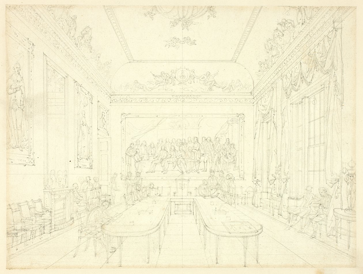 Étude pour Trinity House, de Microcosm of London (recto); Croquis architectural de façades de maisons en rangée (verso) - Augustus Charles Pugin