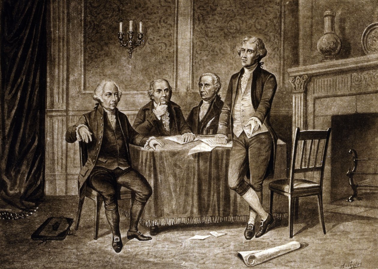 Dirigeants du Congrès continental de 1775 : John Adams, Robert Morris, Alexander Hamilton, Thomas Jefferson, dessin d