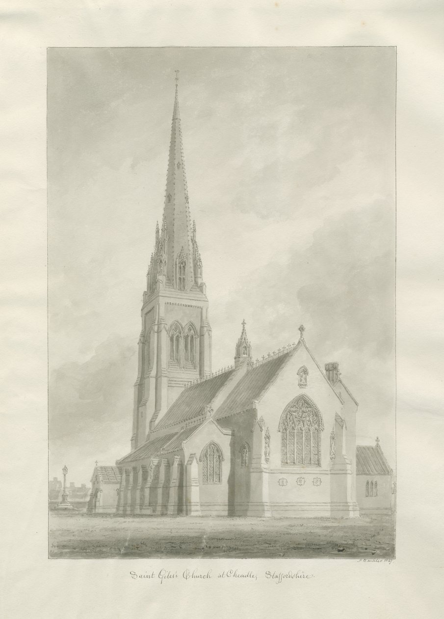 Cheadle - Église catholique romaine (Saint-Gilles) : dessin au lavis sépia - Augustus Welby Northmore Pugin