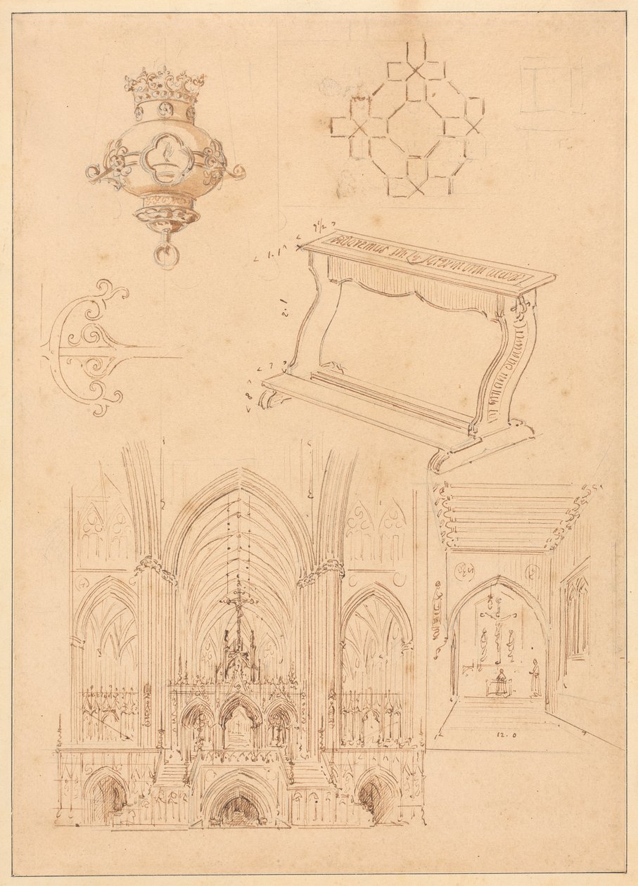 Dessins pour ornementation gothique, un prie-Dieu et deux croquis des intérieurs d