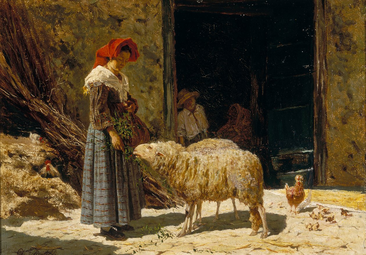 Petite fille avec moutons - Aurelio Tiratelli