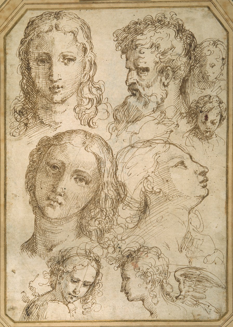 Études de têtes : une femme, un ange, un jeune homme et un homme barbu - Aurelio (attr. to) Luini