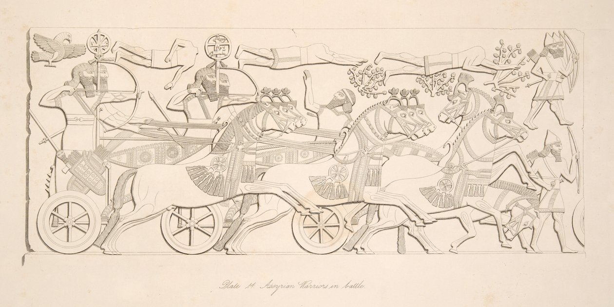 Guerriers assyriens en bataille, des Monuments de Ninive, pub. 1849 - Austen Henry Layard