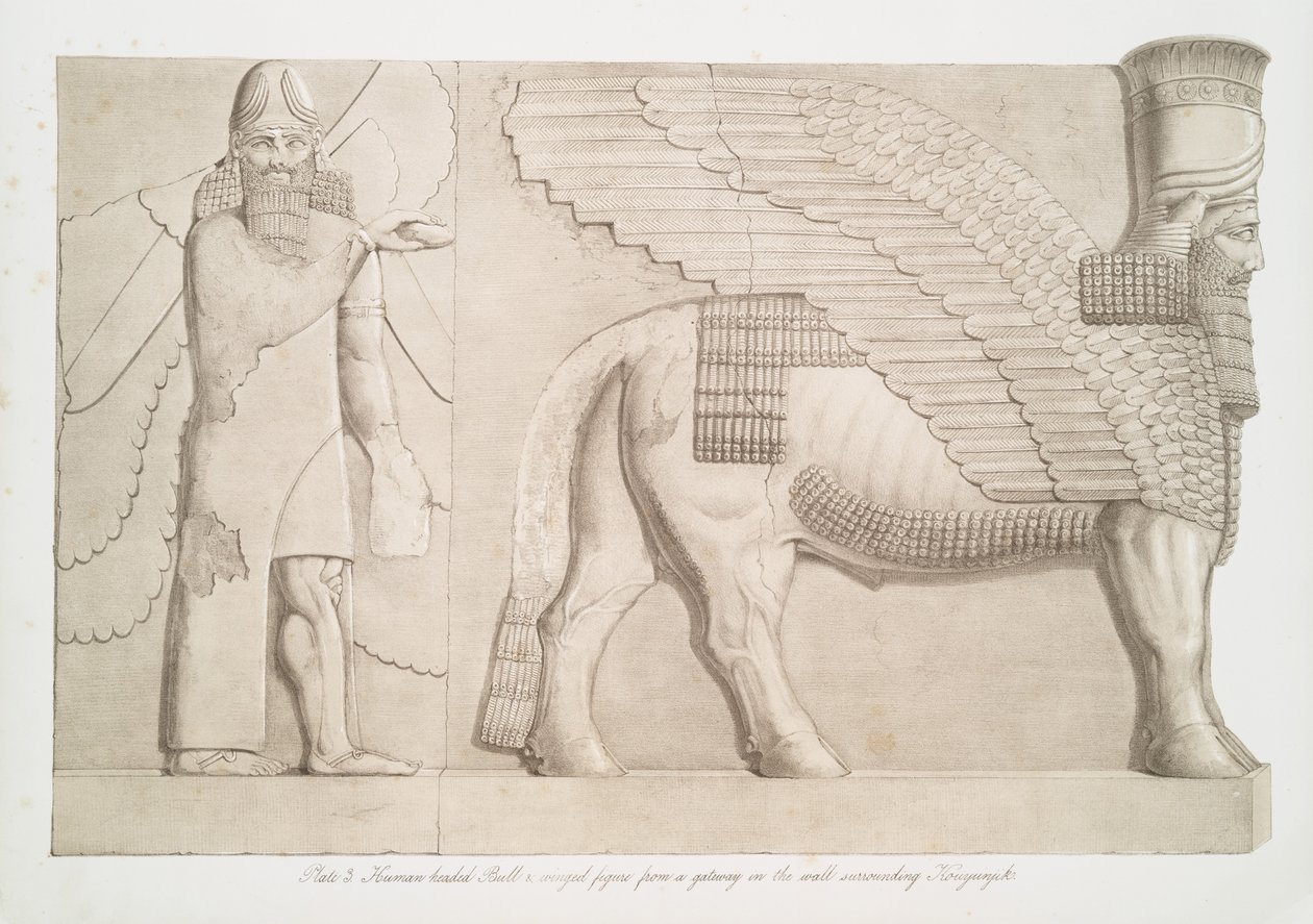 Taureau à tête humaine et figure ailée d