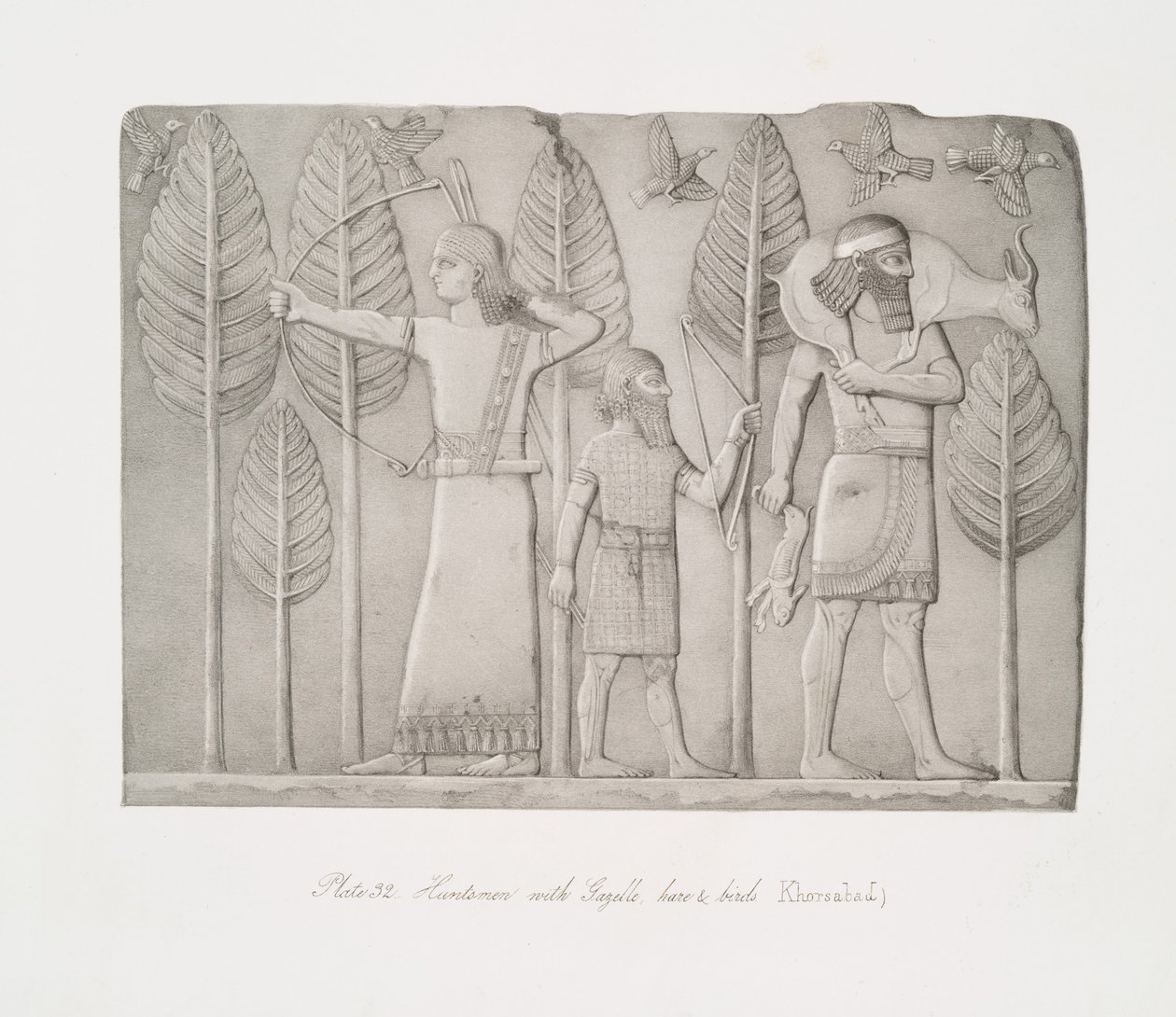 Chasseurs avec gazelle, lièvre et oiseaux (Khorsabad) - Austen Henry Layard