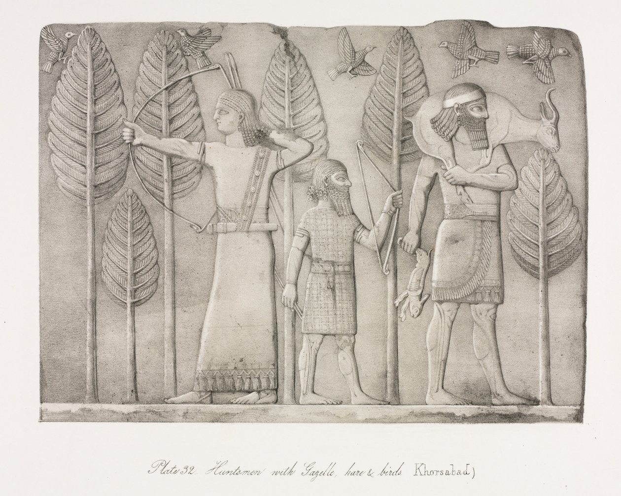 Monuments de Ninive : Planche 32, Chasseurs avec gazelle, lièvre et oiseaux (Khorsabad) - Austen Henry Layard