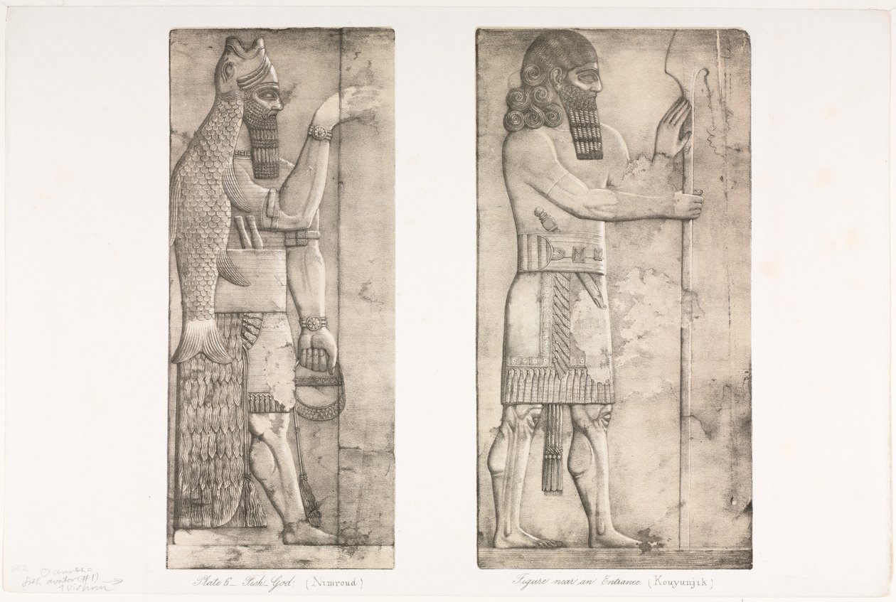Monuments de Ninive : Planche 6, Dieu-poisson Nimroud, figure près d