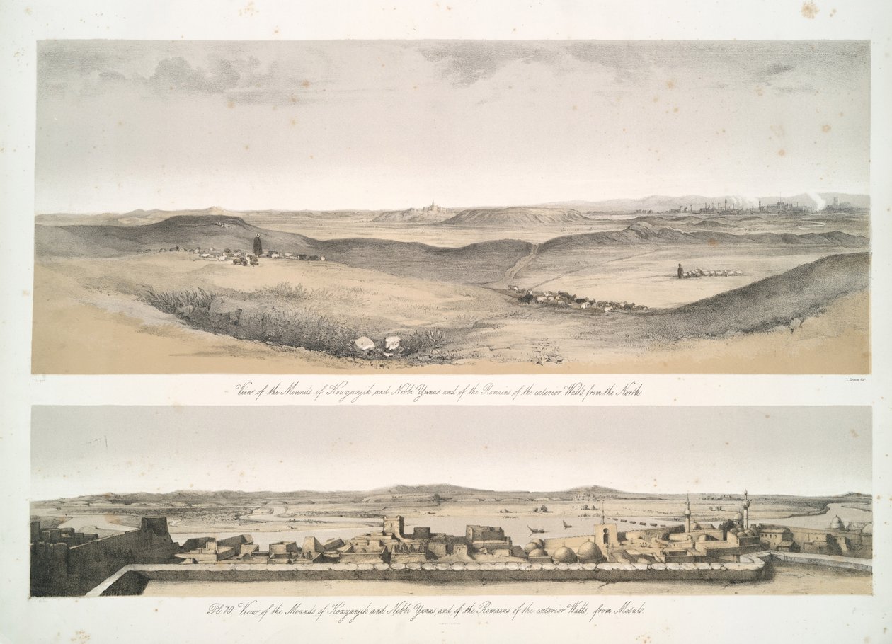 Vue des monticules de Kouyunjik [Quyunjik] et Nebbi Yunus, et des restes des murs extérieurs, depuis Mossoul - Austen Henry Layard