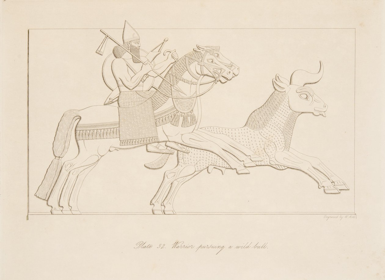 Guerrier poursuivant un taureau sauvage, des Monuments de Ninive, pub. 1849 - Austen Henry Layard