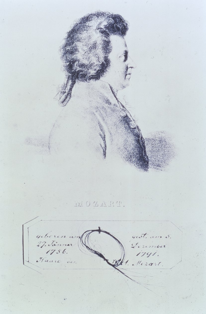 Portrait de Wolfgang Amadeus Mozart (1756-91) avec une mèche de ses cheveux attachée en dessous - Austrian School