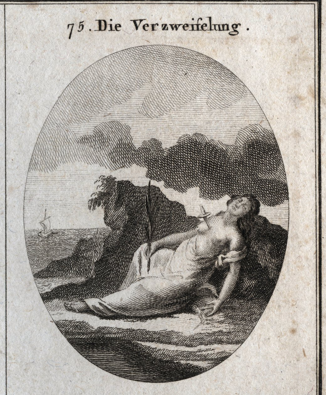 Allégorie du désespoir représentant un poignard dans la poitrine et une branche de cyprès dans la main (arbre qui ornait autrefois les tombes). La boussole brisée est l