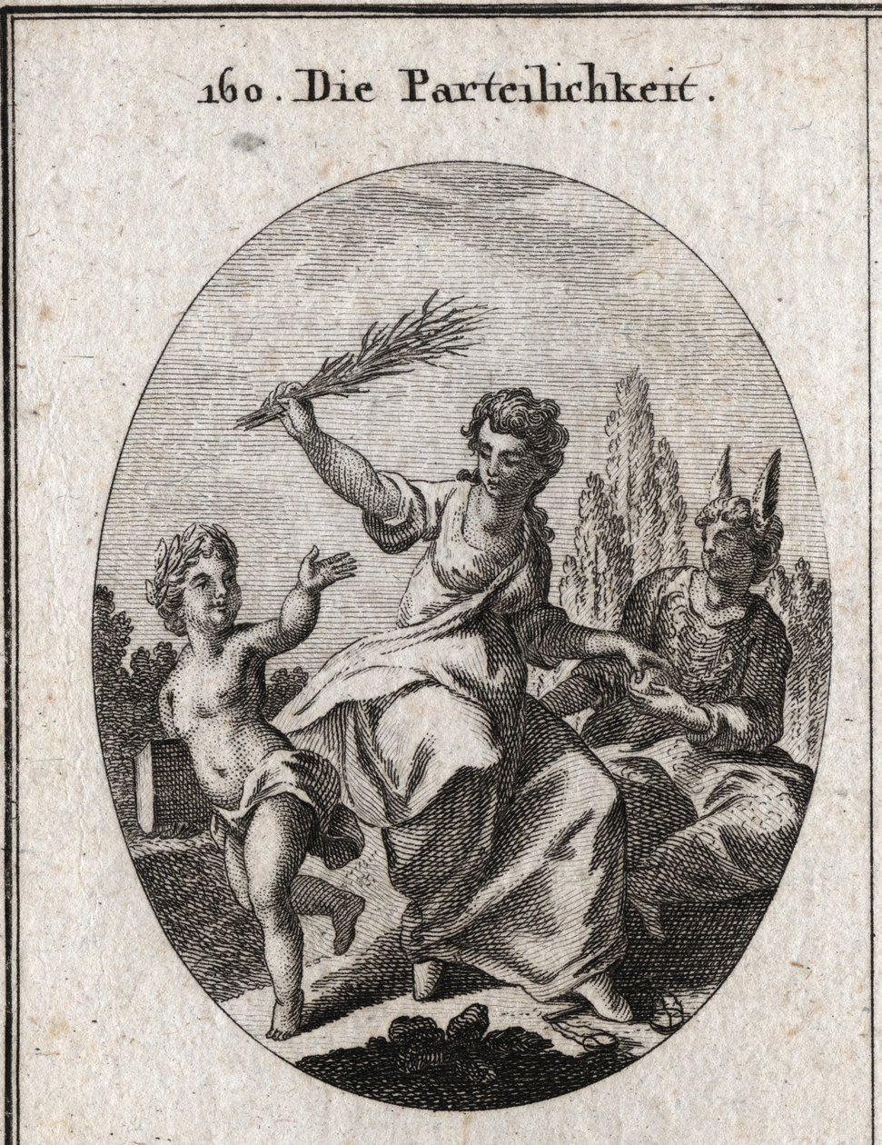 Allégorie du biais. Elle foule des échelles sous ses pieds et donne une récompense à un génie richement vêtu mais dont l