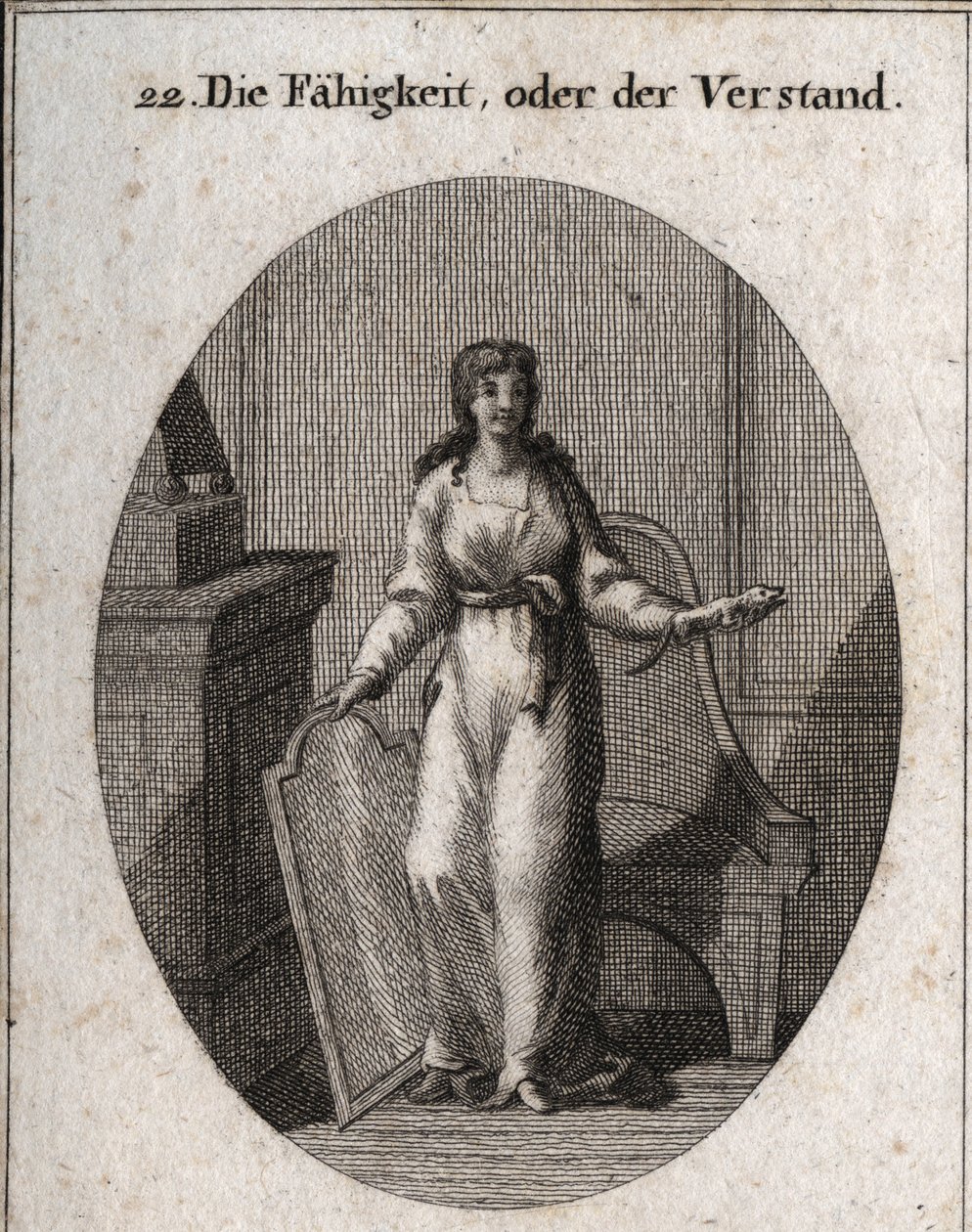 Allégorie de la capacité (ou intelligence). Le caméléon et le miroir sont ses attributs. Gravure dans « Iconologie oder Ideen aus dem Gebiete der Leidenschaften und Allegorien bildich dargestellt fur Zeichner, Mahler, Dichter, Gelehrte, Erzieher und freund - Austrian School