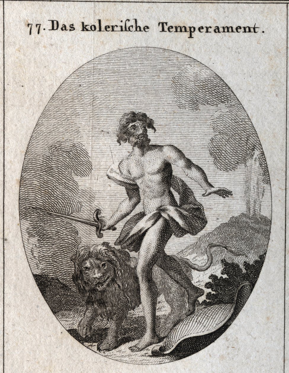 Allégorie du tempérament colérique. Il tient une épée pour attaquer et vient de jeter son bouclier oubliant de se défendre. Son attribut est un lion menaçant. Gravure dans « Iconologie oder Ideen aus dem Gebiete der Leidenschaften und Allegorien bildlich d - Austrian School