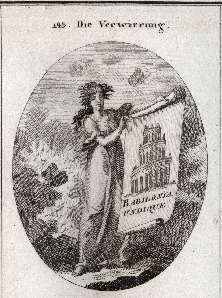 Allégorie de la confusion tenant un dessin représentant la tour de Babel avec ce mot « Babylonia Undique ». L