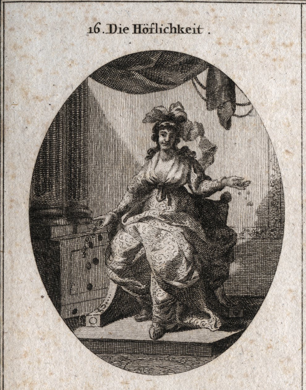 Allégorie de la courtoisie représentée par une femme riche, gracieuse et souriante qui répand de l