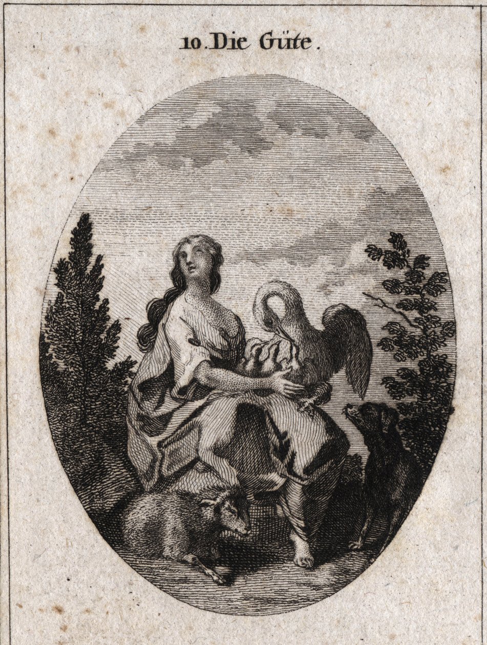Allégorie de la bonté représentée par une beauté noble et abondante regardant le ciel avec amour. Le pélican symbolise la charité, le chien la fidélité et l