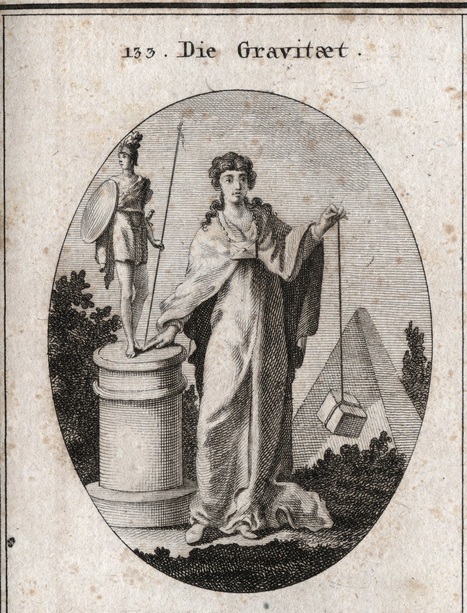 Allégorie de la gravité. La chaîne en or à laquelle est attaché un papier symbolise la confiance. La colonne et la statue signifient la conservation des actions glorieuses et la pierre dénote la pondération. Gravure dans « Iconologie oder Ideen aus dem Geb - Austrian School