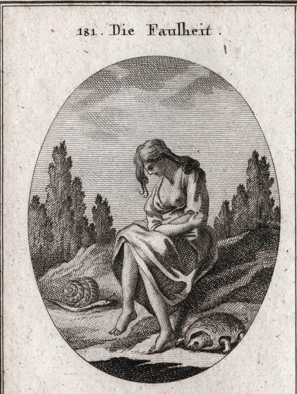 Allégorie de la paresse. Elle tient ses bras croisés. Son attribut est une tortue et une limace. Gravure dans « Iconologie oder Ideen aus dem Gebiete der Leidenschaften und Allegorien bildich dargestellt für Zeichner, Mahler, Dichter, Gelehrte, Erzieher un - Austrian School