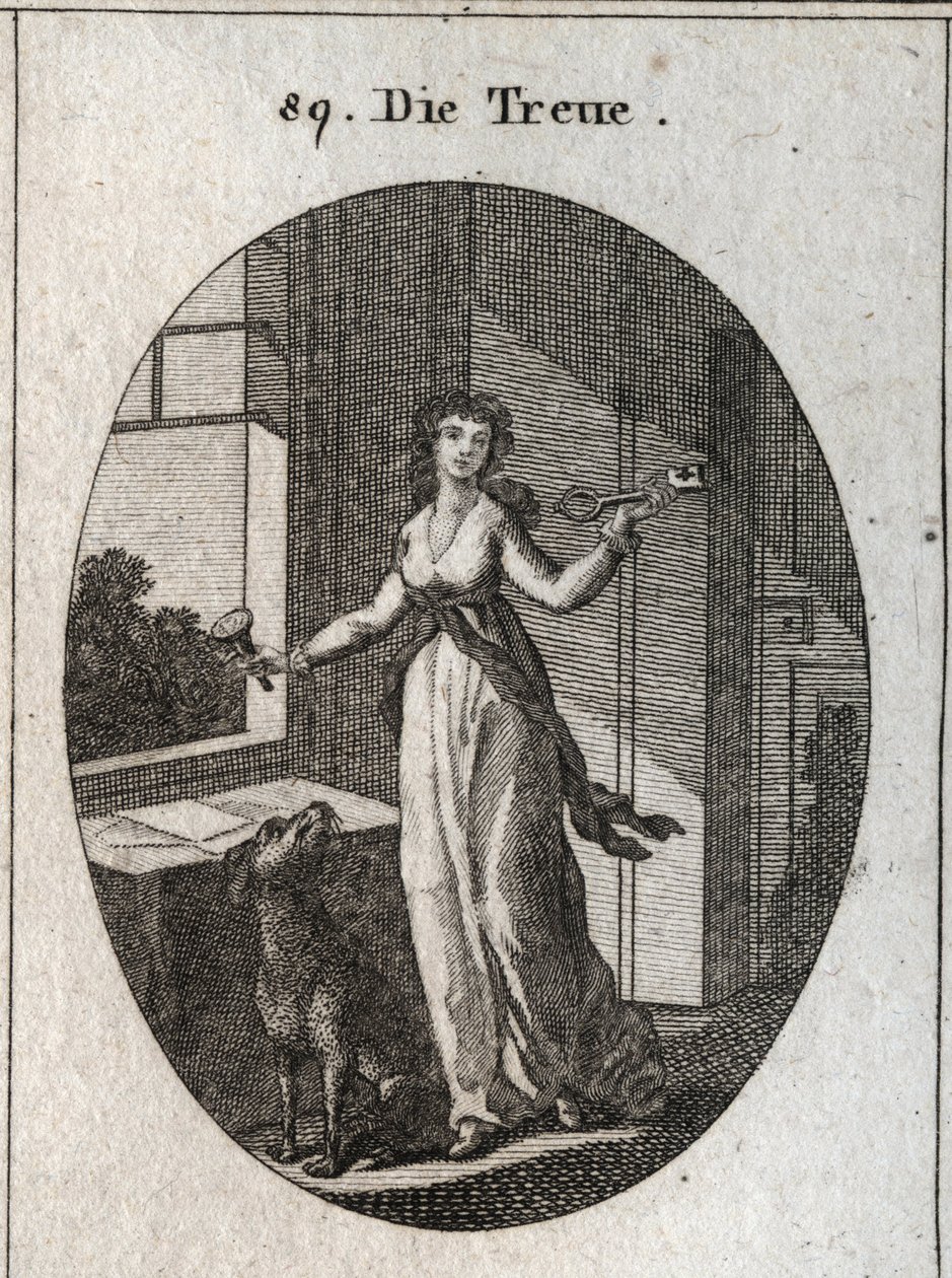 Allégorie de la loyauté dont les symboles sont la clé, le sceau et le chien. Gravure dans « Iconologie oder Ideen aus dem Gebiete der Leidenschaften und Allegorien » - Austrian School