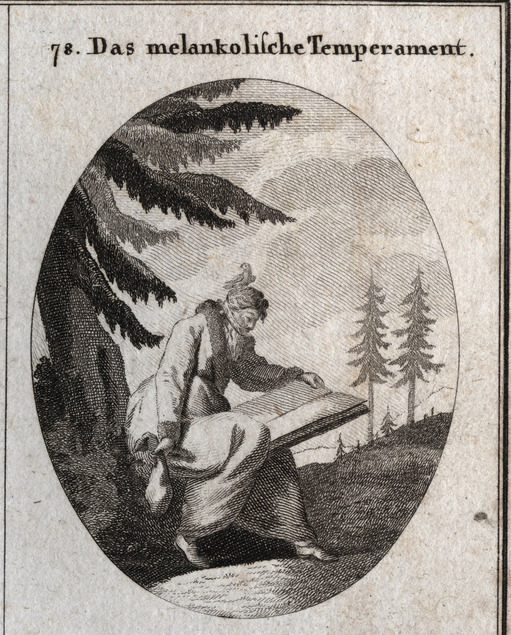 Allégorie du tempérament mélancolique. Il tient un livre et une bourse et sa bouche est fermée par un bandeau. Un oiseau est posé sur sa tête. Gravure dans « Iconologie oder Ideen aus dem Gebiete der Leidenschaften und Allegorien bildlich dargestellt für Z - Austrian School