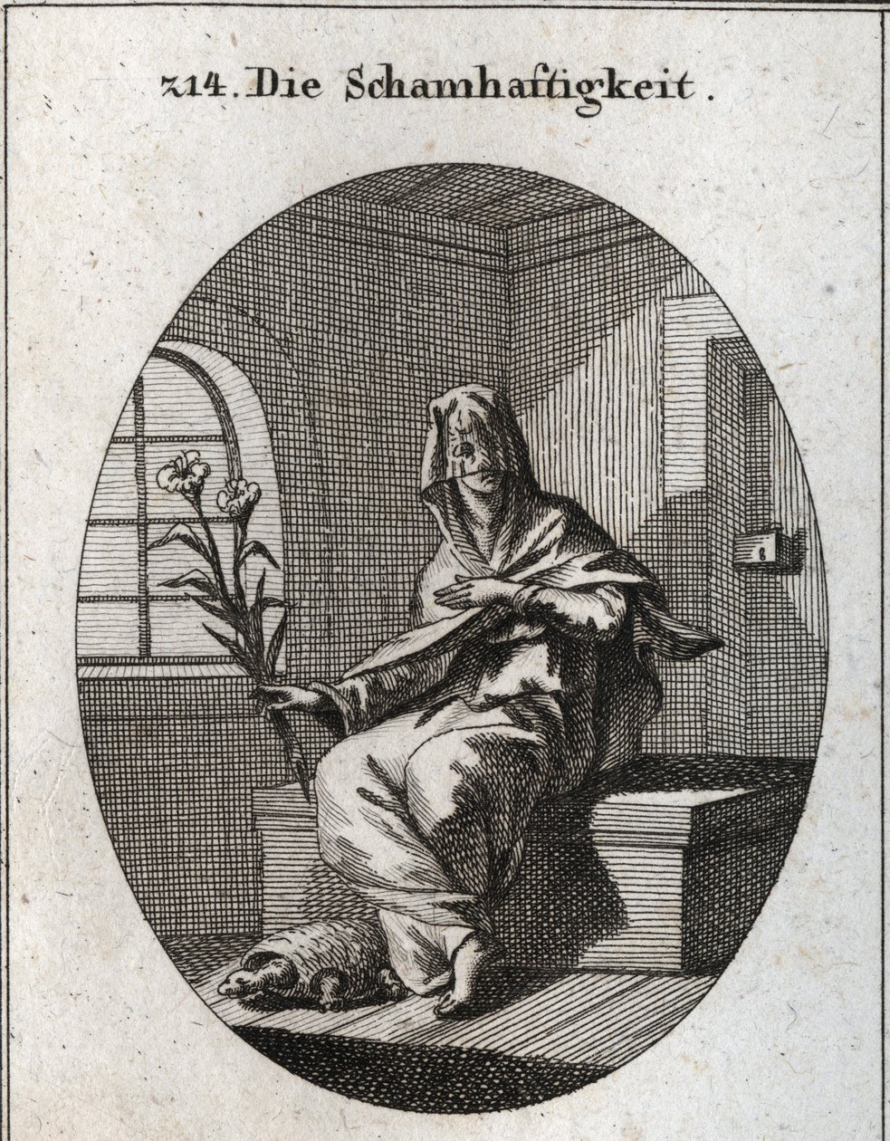 Allégorie de la modestie. Son symbole est une branche de lys et une tortue qui signifie que les femmes modestes doivent être retirées de leurs foyers. Son visage est couvert d