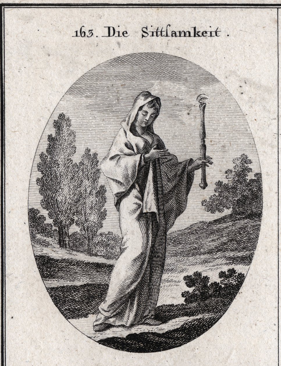 Allégorie de la modestie. Elle tient un sceptre au-dessus duquel se trouve un œil signifiant que la modestie doit être clairvoyante sur elle-même. Gravure dans « Iconologie oder Ideen aus dem Gebiete der Leidenschaften und Allegorien bildich dargestellt fu - Austrian School