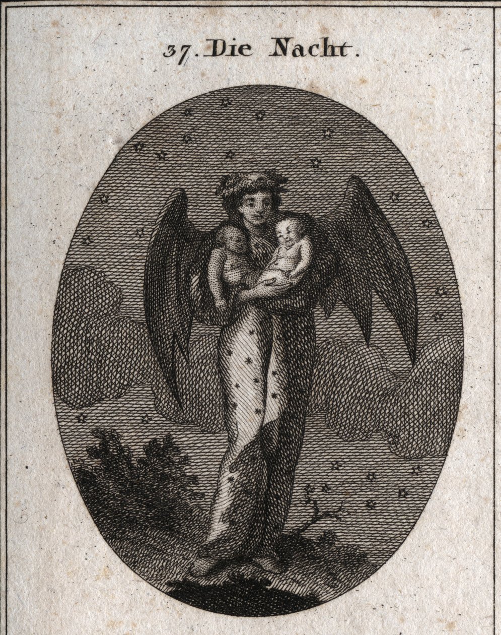 Allégorie de la nuit représentée avec des ailes de chauve-souris. Elle tient deux enfants endormis, l