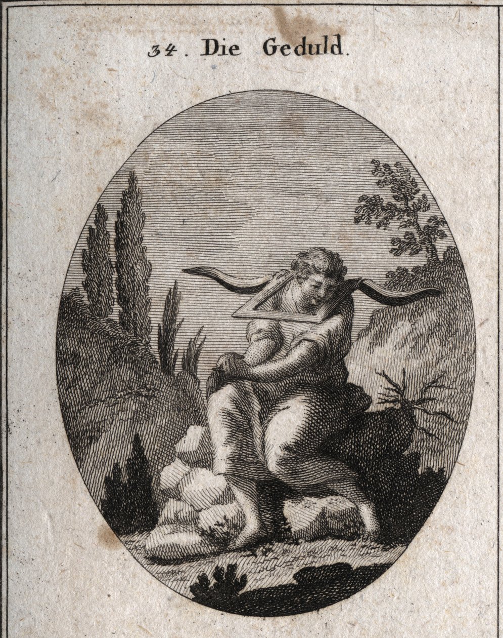 Allégorie de la patience assise sur des cailloux, pieds dans les épines, mains jointes et joug sur les épaules. Gravure dans « Iconologie oder Ideen aus dem Gebiete der Leidenschaften und Allegorien bildich dargestellt fur Zeichner, Mahler, Dichter, Gelehr - Austrian School