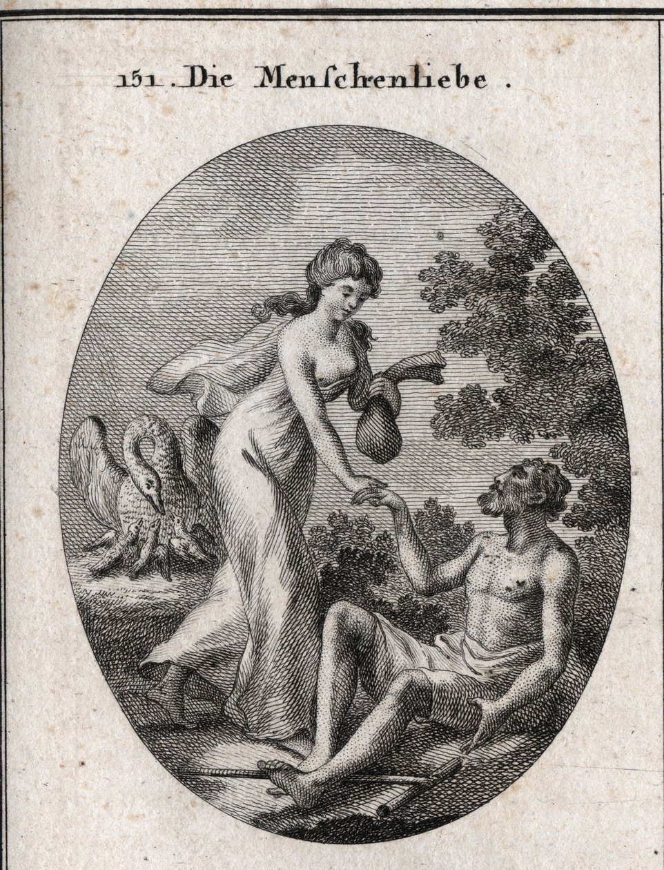 Allégorie de la philanthropie. Elle tient une bourse et vient secourir un pauvre homme à qui elle tend la main. Son attribut est un pélican qui ouvre son sein pour nourrir ses petits. Gravure dans « Iconologie oder Ideen aus dem Gebiete der Leidenschaften  - Austrian School