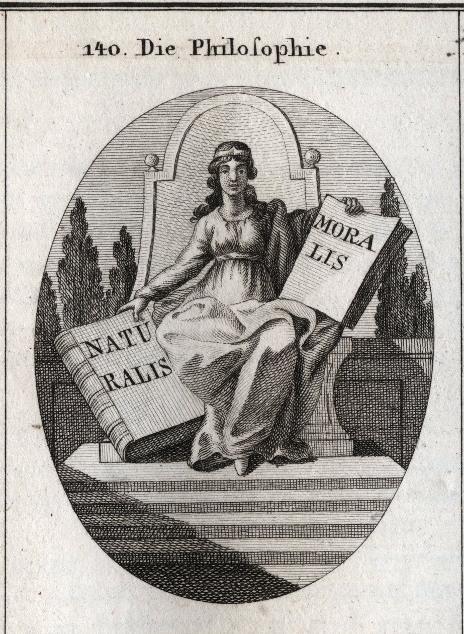 Allégorie de la philosophie assise sur un trône de marbre au-dessus de plusieurs marches. Elle porte un diadème doré sur le front et tient deux livres ouverts « Naturalis » (Nature) et « Moralis » (Morale). Gravure dans « Iconologie oder Ideen aus dem Gebi - Austrian School