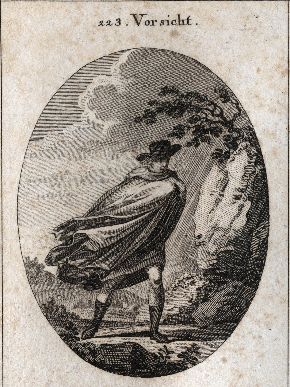 Allégorie de la providence. Expression : Quand il fait beau, prends ton manteau, quand il pleut, prends-le, si tu veux. Gravure dans « Iconologie oder Ideen aus dem Gebiete der Leidenschaften und Allegorien bildich dargestellt für Zeichner, Mahler, Dichter - Austrian School