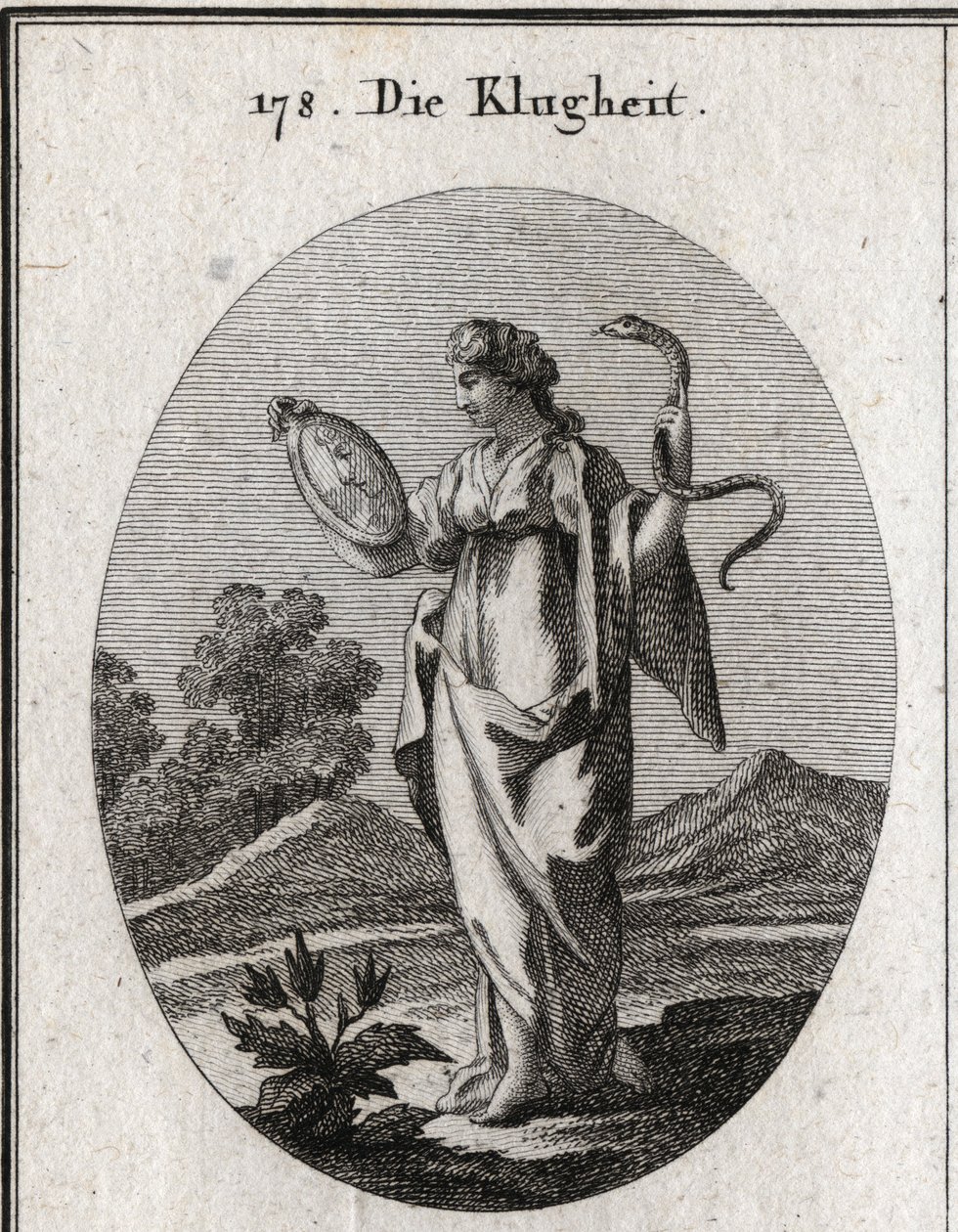 Allégorie de la prudence, ses attributs ordinaires sont le miroir et le serpent. Elle a deux visages, un jeune pour l