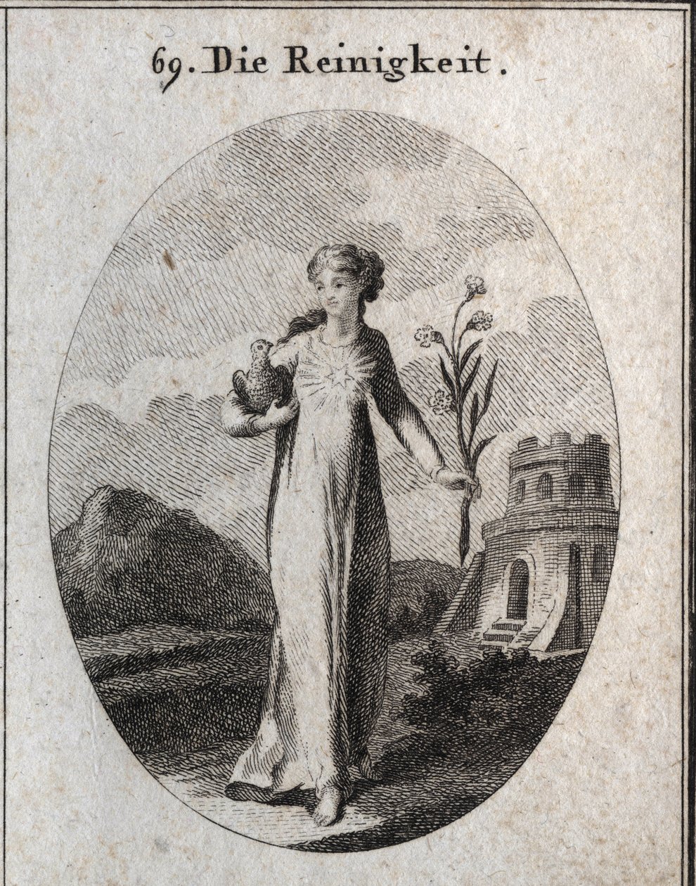 Allégorie de la pureté. Ses attributs sont la colombe et le lys, symboles de candeur. Gravure dans « Iconologie oder Ideen aus dem Gebiete der Leidenschaften und Allegorien bildich dargestellt fur Zeichner, Mahler, Dichter, Gelehrte, Erzieher und freunde H - Austrian School