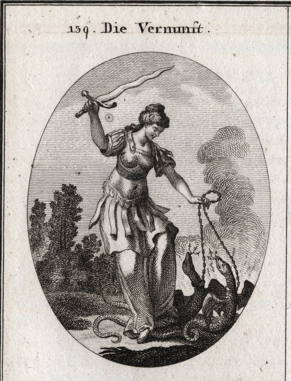 Allégorie de la raison, elle tient une épée flamboyante avec laquelle elle menace les vices représentés par des serpents qu