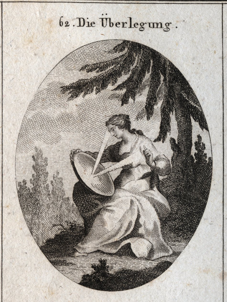 Allégorie de la réflexion. Un rayon de lumière part de son cœur, frappe le miroir sur ses genoux et reflète la lumière sur son front. Gravure dans « Iconologie oder Ideen aus dem Gebiete der Leidenschaften und Allegorien bildich dargestellt fur Zeichner, M - Austrian School