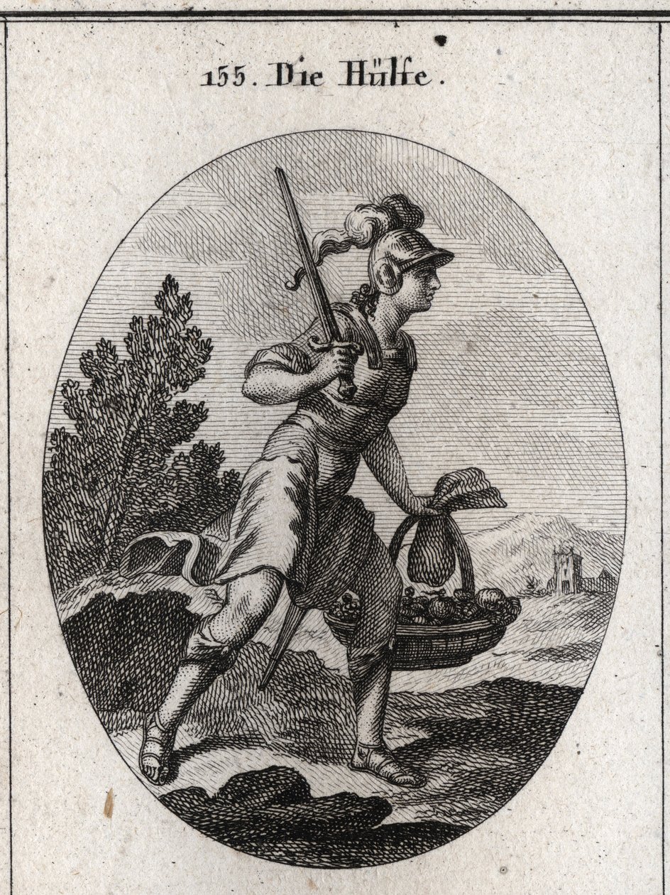 Allégorie du secours représentée en armure avec une épée. Elle porte une bourse et un panier plein de nourriture pour symboliser le secours en cas de calamités et de famine. Elle marche rapidement. Gravure dans « Iconologie oder Ideen aus dem Gebiete der L - Austrian School
