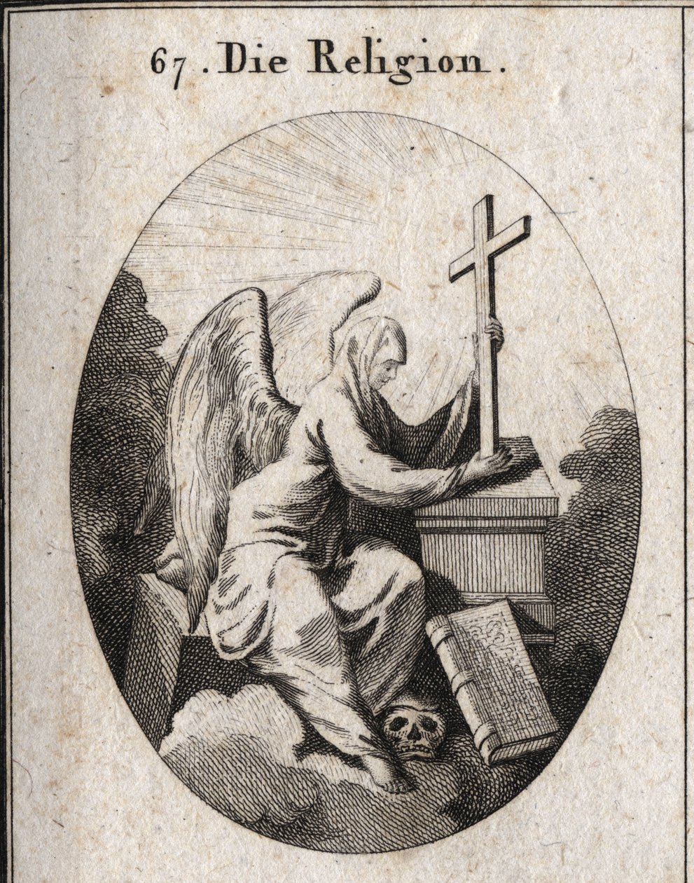 Allégorie de la religion. Un voile blanc couvre sa tête pour indiquer que les mystères sont impénétrables. Elle est assise sur une pierre angulaire et tient une croix rayonnante sur un autel au bas duquel se trouve le livre des 4 Évangiles. Son pied sur la - Austrian School