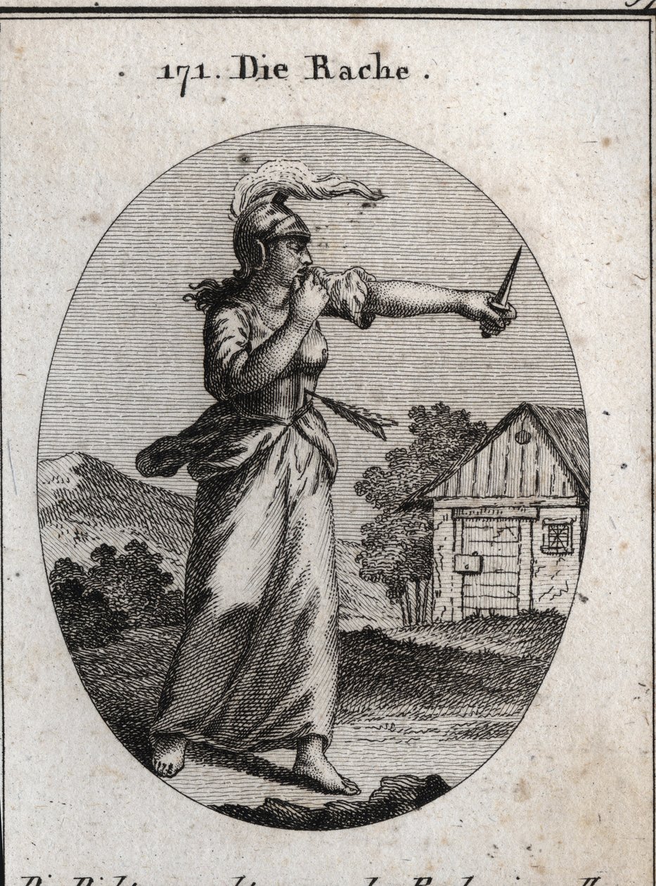 Allégorie de la vengeance avec une cuirasse et un casque sur lequel brille une flamme. Elle se mord le doigt et regarde un poignard. La flèche qui la transperce signifie que la vengeance n