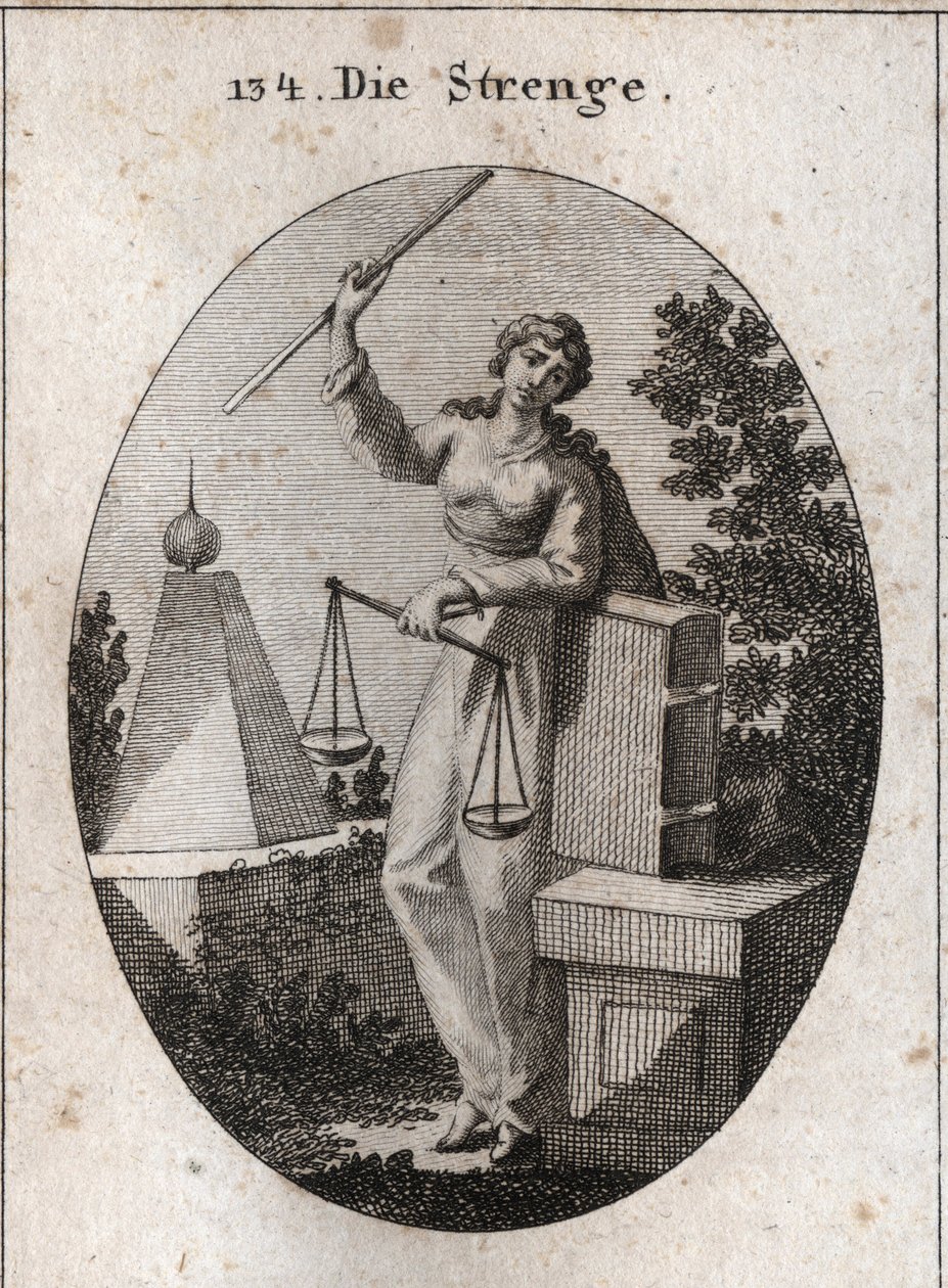 Allégorie de la rigueur représentée sous un aspect de férocité tenant de la main droite une verge de fer et s