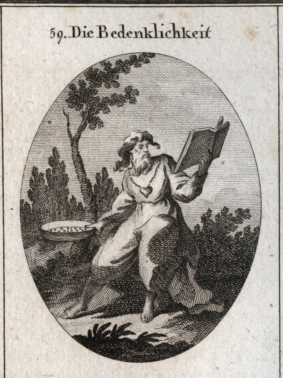 Allégorie des scrupules représentée par un vieil homme avec une chaîne en or à laquelle est attaché un cœur emblème de candeur et de bons conseils. Il tient un calendrier qu