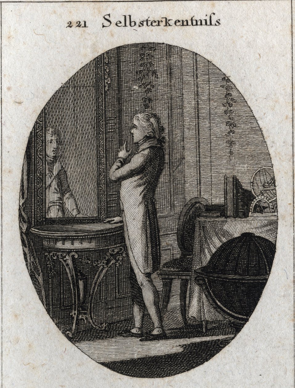 Allégorie de la connaissance de soi. Un jeune homme fait face à un miroir. Gravure dans « Iconologie oder Ideen aus dem Gebiete der Leidenschaften und Allegorien bildich dargestellt fur Zeichner, Mahler, Dichter, Gelehrte, Erzieher und freunde Hoherer Gesc - Austrian School
