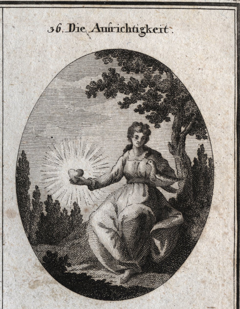 Allégorie de la sincérité tenant une colombe contre sa poitrine et présentant un cœur rayonnant. Gravure dans « Iconologie oder Ideen aus dem Gebiete der Leidenschaften und Allegorien bildich dargestellt fur Zeichner, Mahler, Dichter, Gelehrte, Erzieher un - Austrian School