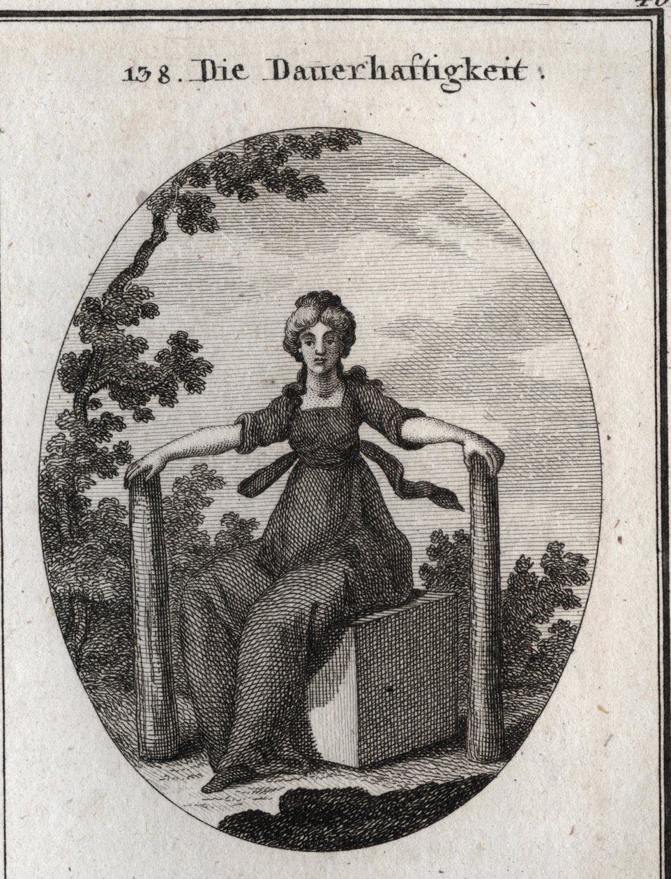Allégorie de la stabilité assise sur un cube de marbre avec deux piles plantées dans la terre. Gravure dans « Iconologie oder Ideen aus dem Gebiete der Leidenschaften und Allegorien » - Austrian School