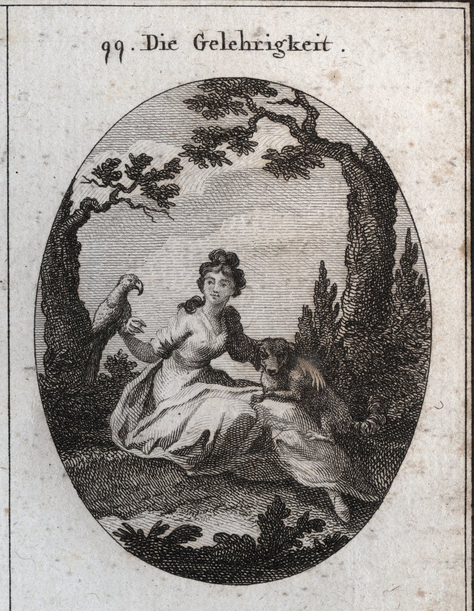 Allégorie de la docilité. Ses attributs sont la perruche et le petit chien en raison de leur obéissance et de leur désir de plaire. Gravure dans « Iconologie oder Ideen aus dem Gebiete der Leidenschaften und Allegorien bildlich dargestellt für Zeichner, Ma - Austrian School