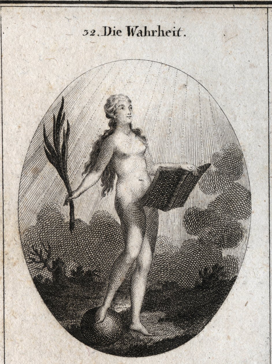 Allégorie de la vérité représentée nue sans artifice et naturelle regardant la lumière du soleil. La palme symbolise le triomphe de la fraude et le livre représente l