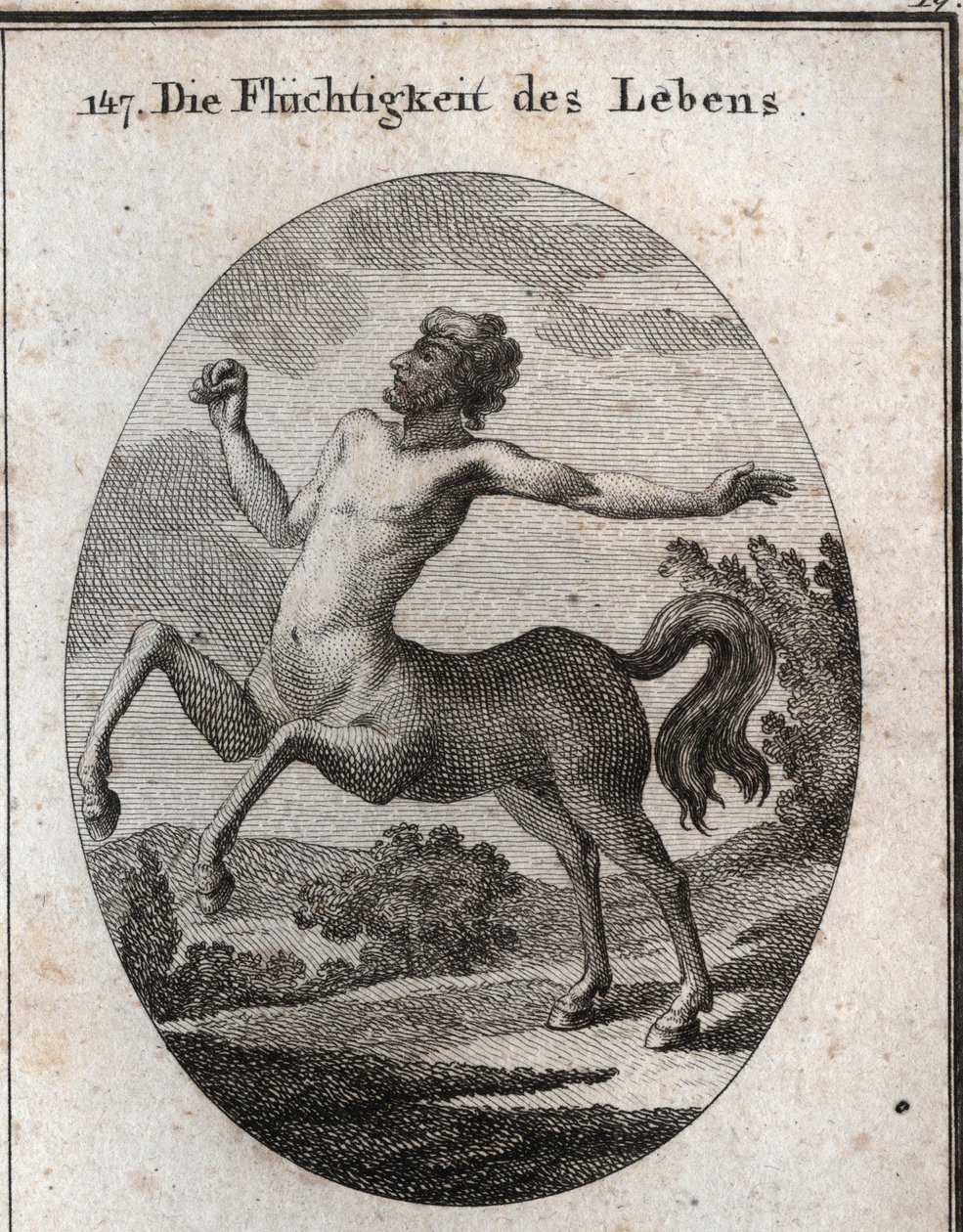 Allégorie de la vélocité de la vie humaine représentée par un centaure. Gravure dans « Iconologie oder Ideen aus dem Gebiete der Leidenschaften und Allegorien bildich dargestellt fur Zeichner, Mahler, Dichter, Gelehrte, Erzieher und freunde Hoherer Geschma - Austrian School