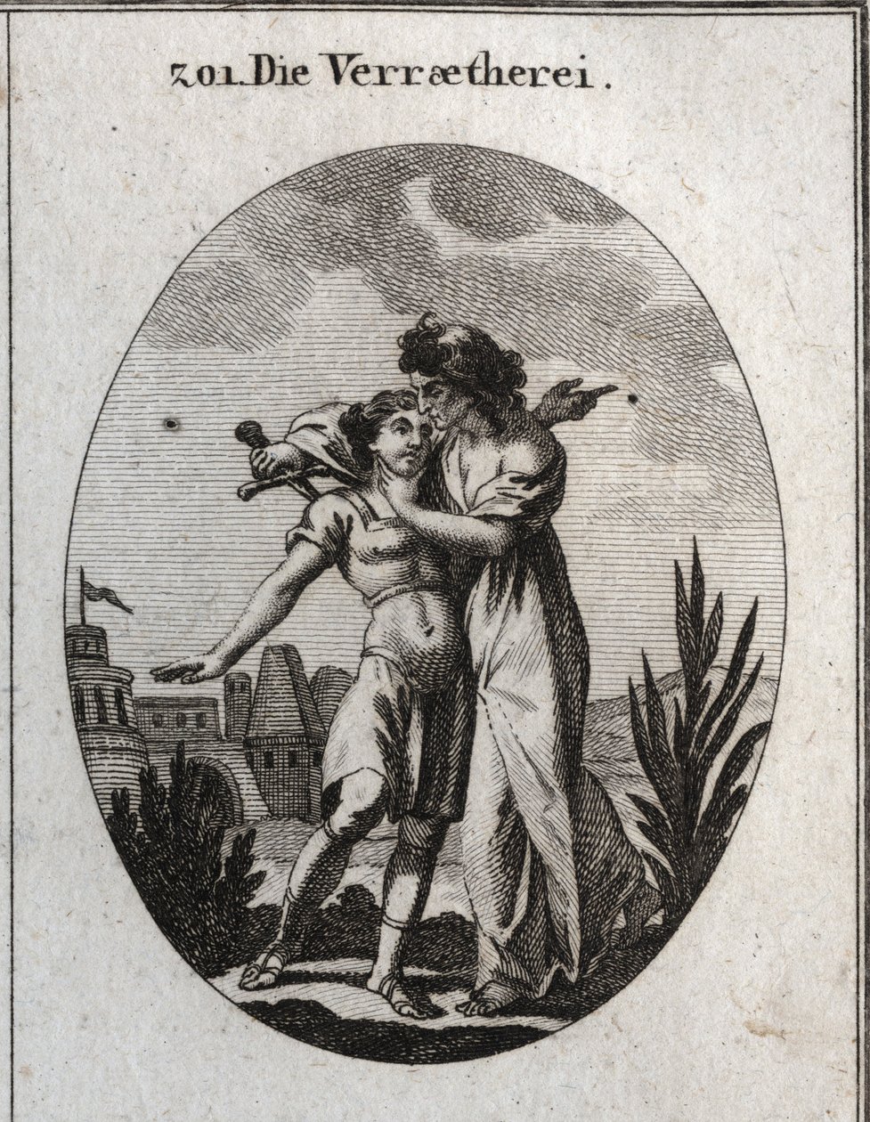 Allégorie de la trahison. Une vieille femme affreuse caresse un beau jeune homme et en même temps se prépare à le poignarder. Gravure dans « Iconologie oder Ideen aus dem Gebiete der Leidenschaften und Allegorien bildich dargestellt für Zeichner, Mahler, D - Austrian School